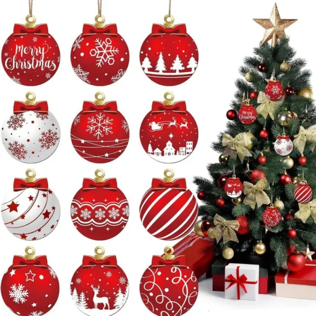 Red & White Wooden Christmas Ornaments, 12-Piece Set – Elk & Snowflake