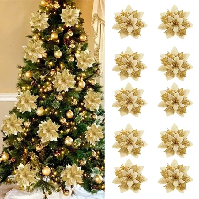 Glitter Christmas Flower Ornaments – Set of 5 or 10