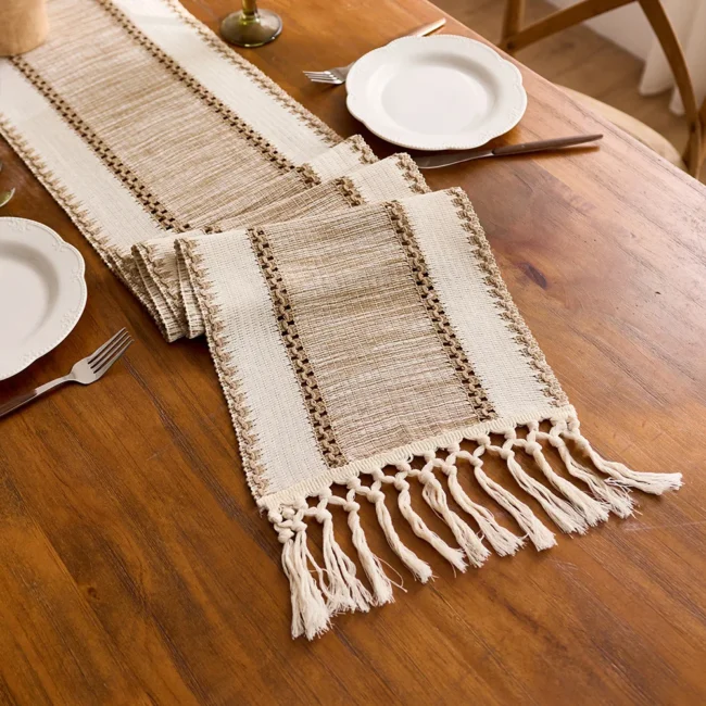 Striped Cotton Blend Table Runner with Tassels