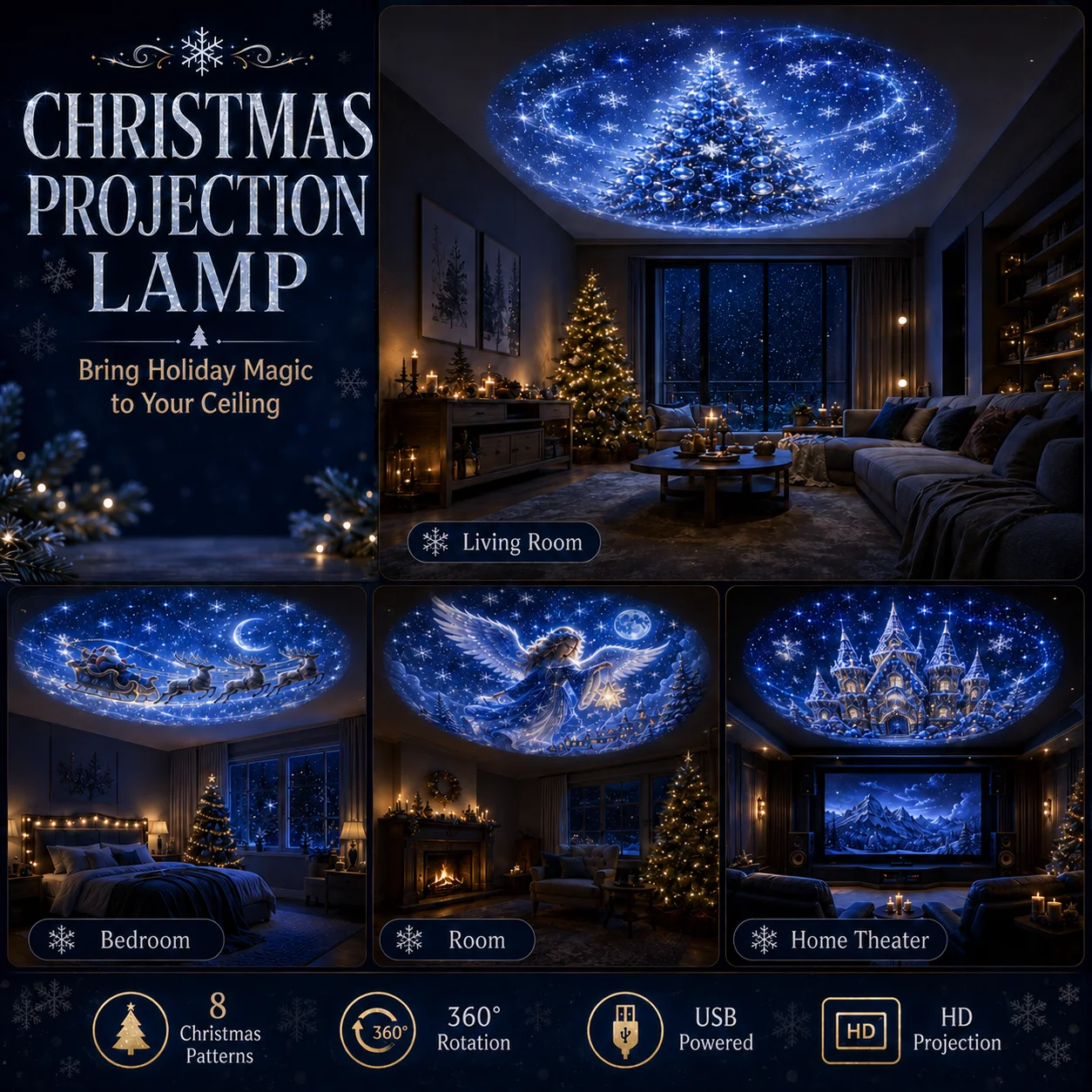 8 Christmas-Themed Projector Lights, USB-Powered Nightlights, Perfect for Creating a Festive Atmosphere in Your Room. - Image 2