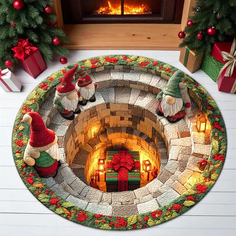 Round Christmas Gnome Rug with 3D-Effect Holiday Design - Image 11