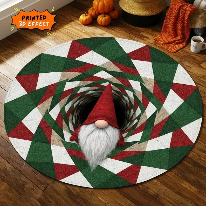 Round Christmas Gnome Rug with 3D-Effect Holiday Design - Image 10
