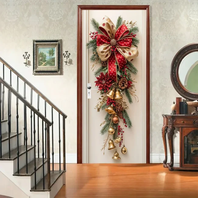 Christmas Wall Hanging – Red Bells & Green Leaves Holiday Room Decor