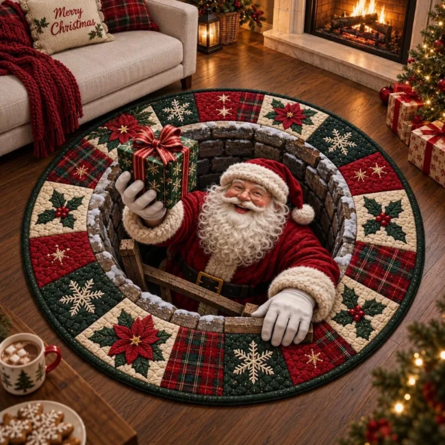 Round Santa Christmas Rug with Gift Box 3D-Effect Print