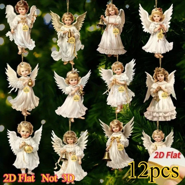 Vintage Wooden Angel Ornaments, 12-Piece Set – Rustic Christmas Decor