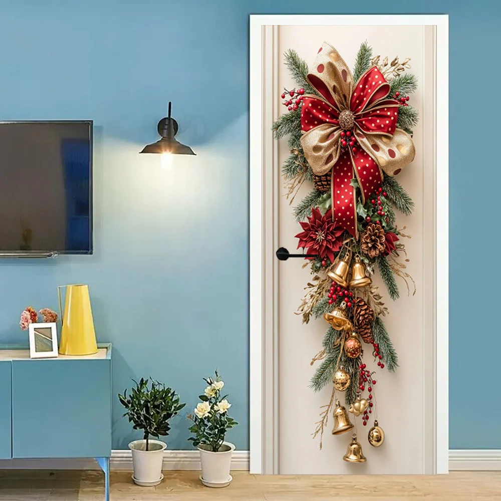 1 Christmas wall decoration - hanging decoration with red bells and green leaves - holiday room decoration, holiday design - Image 2