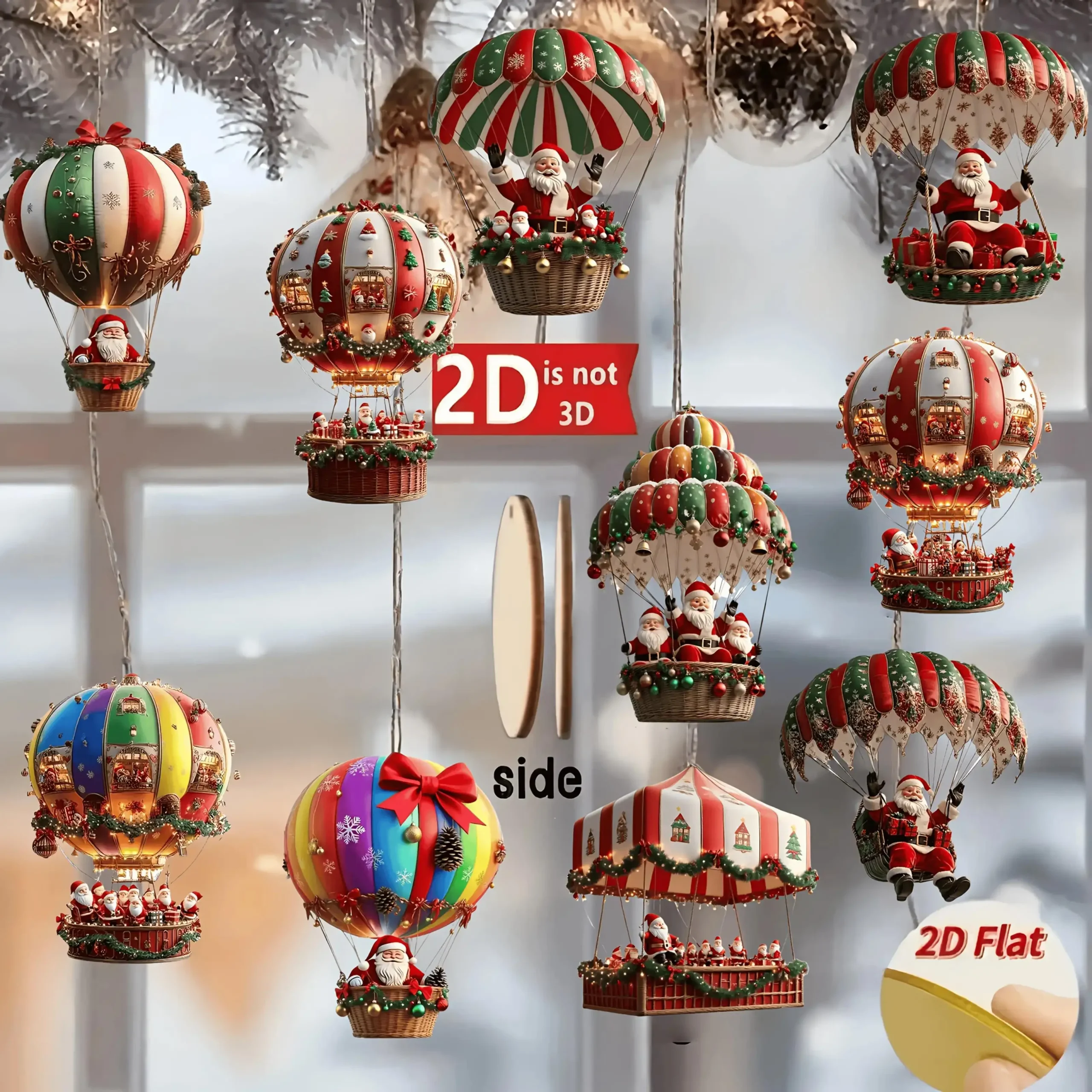 Santa Claus Parachute Wooden Ornaments, 10-Piece Set – Handmade Hanging Decor - Image 3