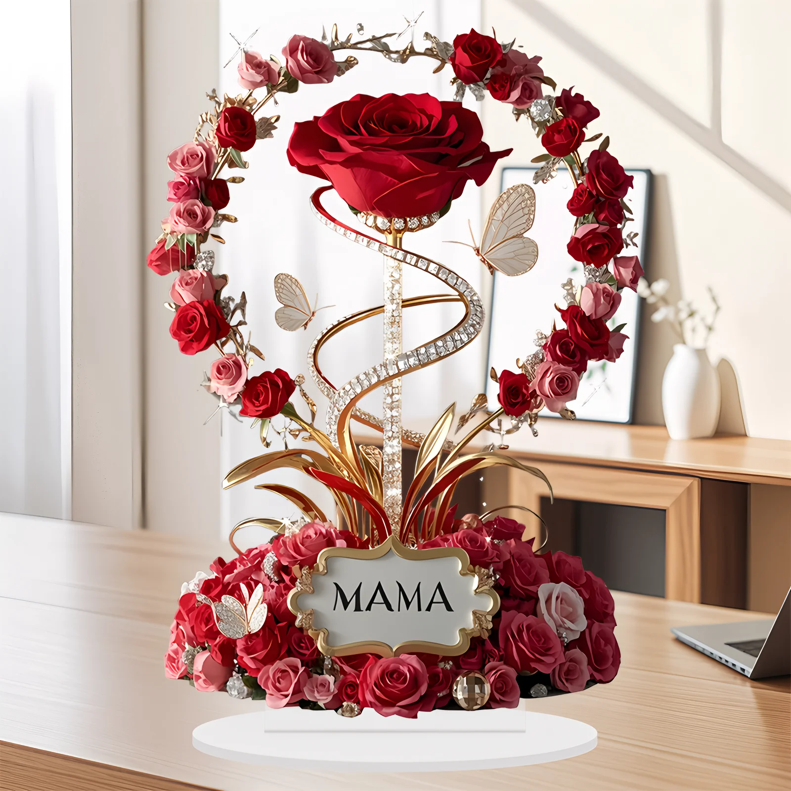 2D Acrylic Ornament Red Rose MOM Pattern Roses Mother Flat Elegant Desk Decora Filial Child to Mother Gifts